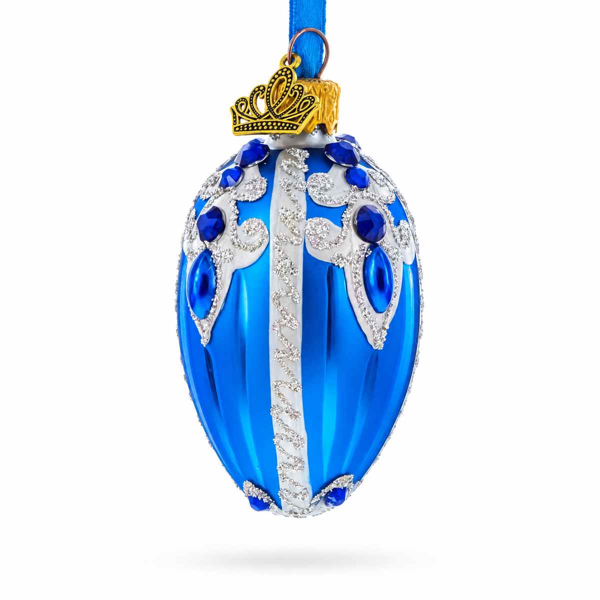 Royal Blue with Silver Glitter and Gem Accents Mini Glass Egg Ornament 2.9 Inches