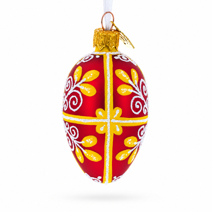 Red and Gold Swirl Design Mini Glass Egg Ornament 2.9 Inches