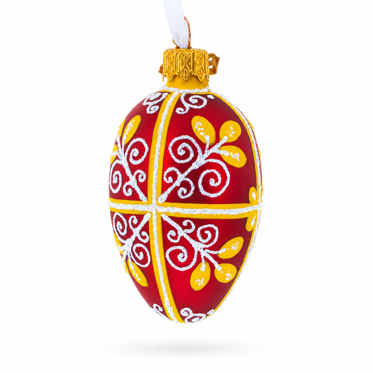 Red and Gold Swirl Design Mini Glass Egg Ornament 2.9 Inches