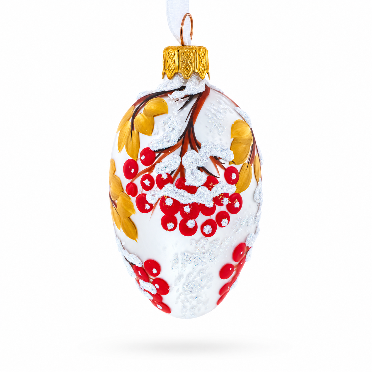 Frosted White with Red Berry and Snow-Covered Branch Design Mini Glass Egg Ornament 2.9 Inches