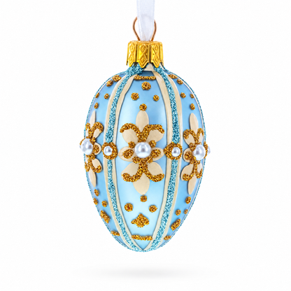 Powder Blue with Gold Glitter and Pearl Accents Mini Glass Egg Ornament 2.9 Inches