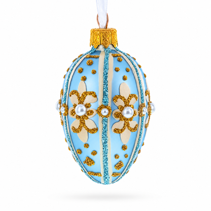 Powder Blue with Gold Glitter and Pearl Accents Mini Glass Egg Ornament 2.9 Inches