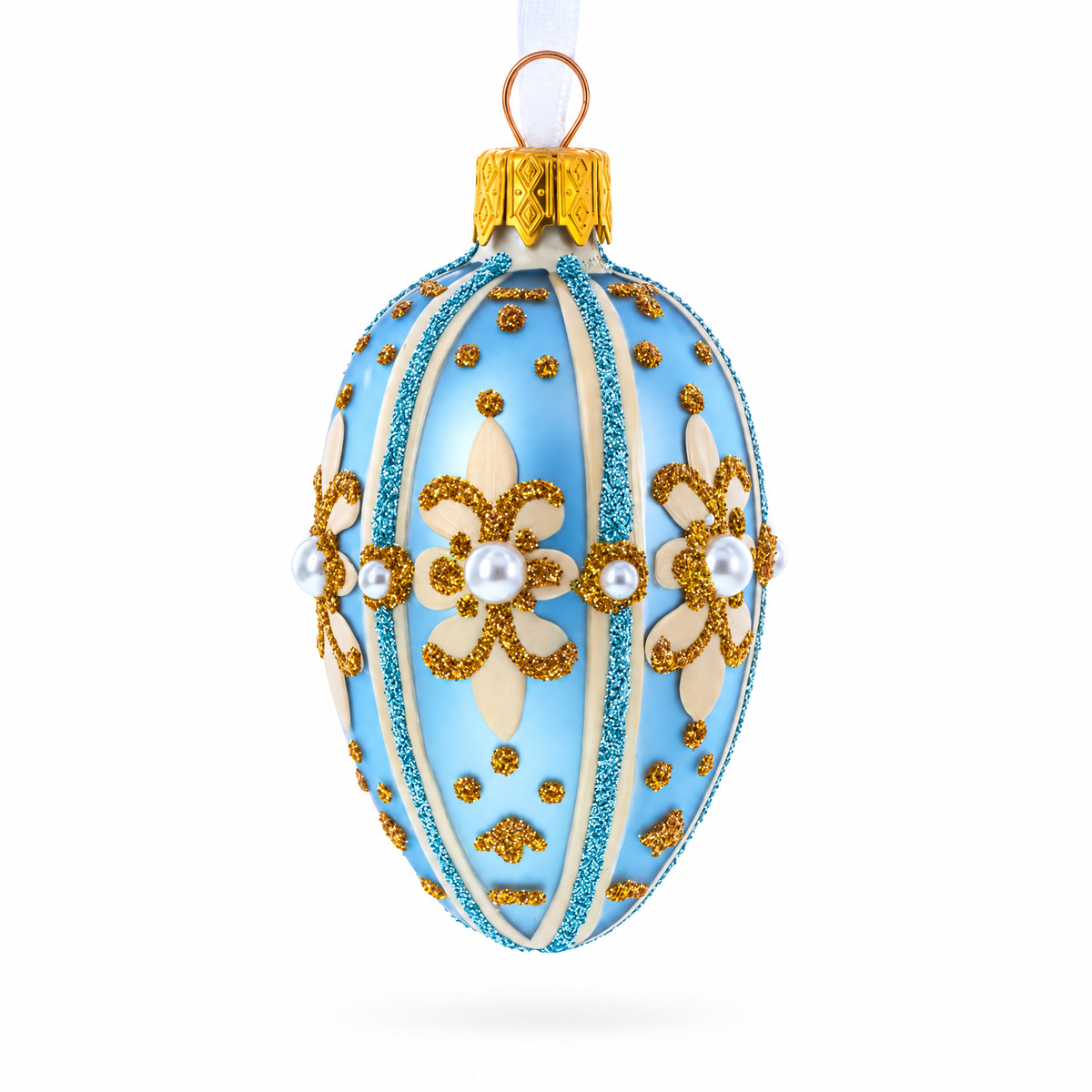 Powder Blue with Gold Glitter and Pearl Accents Mini Glass Egg Ornament 2.9 Inches
