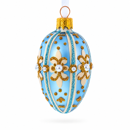 Powder Blue with Gold Glitter and Pearl Accents Mini Glass Egg Ornament 2.9 Inches