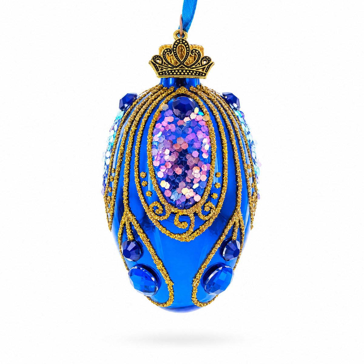 Royal Blue with Gold Glitter and Iridescent Sequins Mini Glass Egg Ornament 2.9 Inches