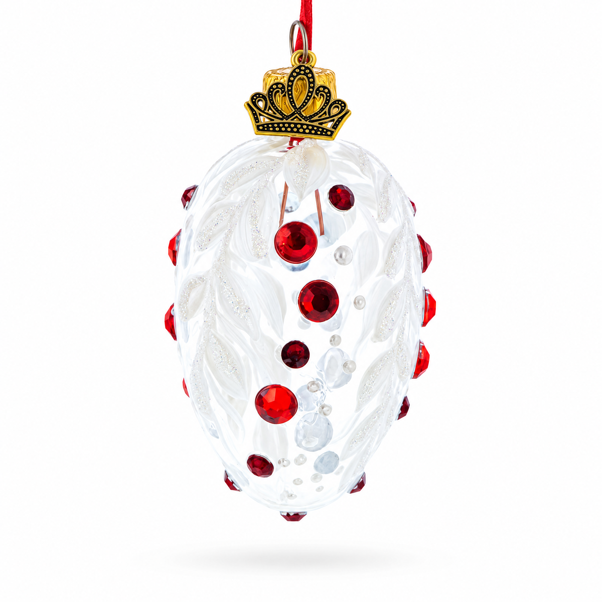 White with Red Gem Accents and Leaf Design Mini Glass Egg Ornament 2.9 Inches