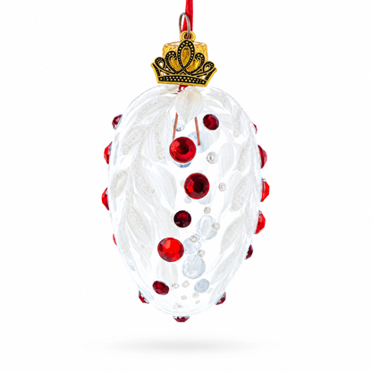 White with Red Gem Accents and Leaf Design Mini Glass Egg Ornament 2.9 Inches