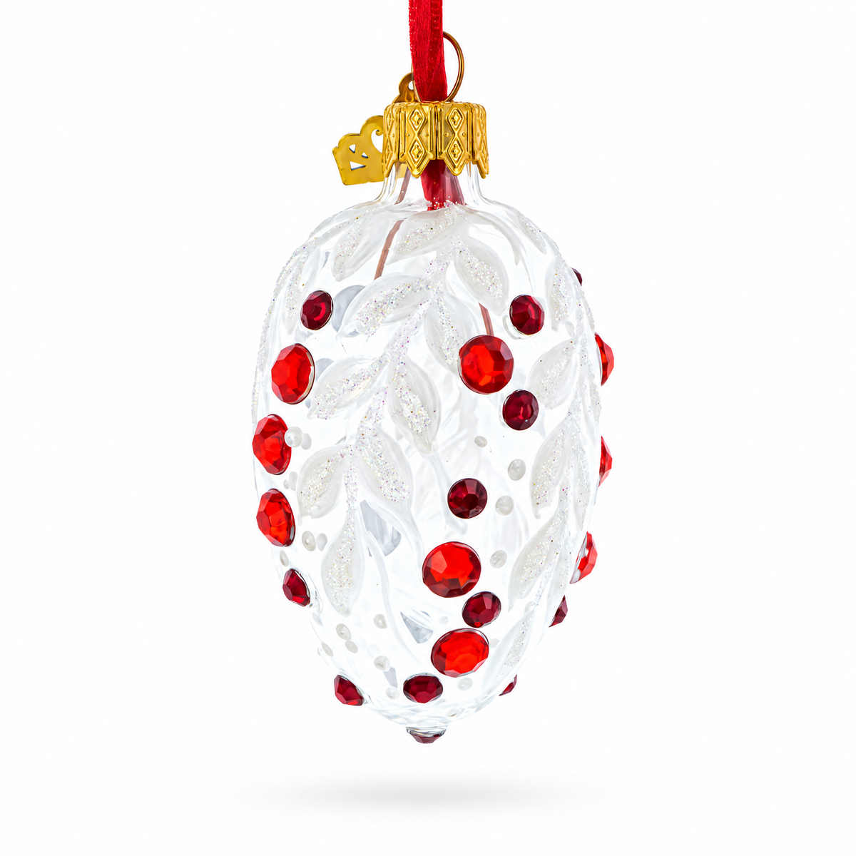 White with Red Gem Accents and Leaf Design Mini Glass Egg Ornament 2.9 Inches