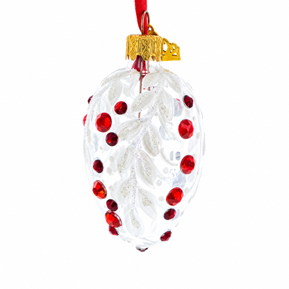 White with Red Gem Accents and Leaf Design Mini Glass Egg Ornament 2.9 Inches
