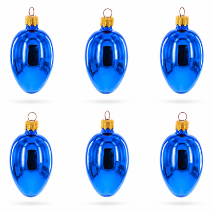Set of 6 Glossy Blue Mini Glass Egg Ornaments 2.9 Inches