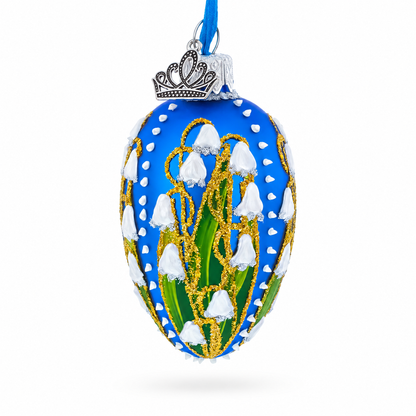 Lilies of the Valley on Blue Royal Mini Red Glass Egg Ornament
