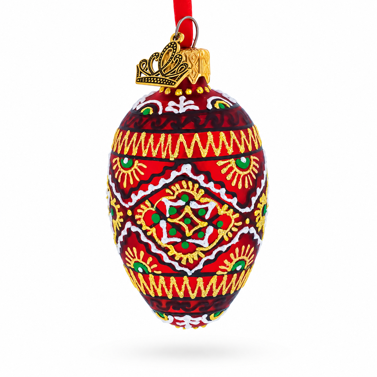 Red Geometric Ukrainian Pysanka Mini Glass Egg Ornament 2.9 Inches