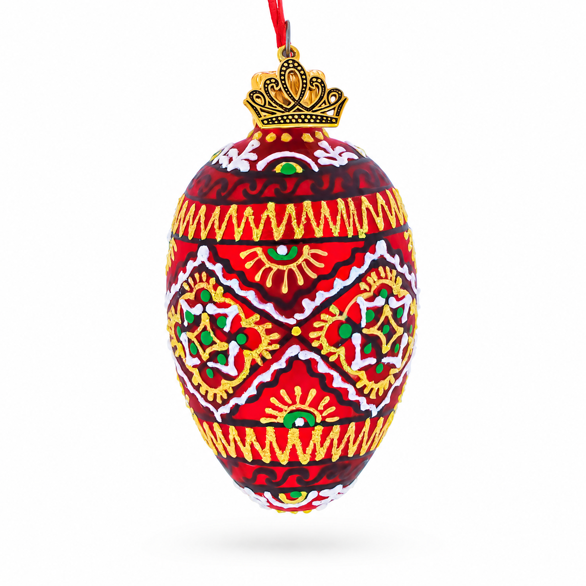 Red Geometric Ukrainian Pysanka Mini Glass Egg Ornament 2.9 Inches