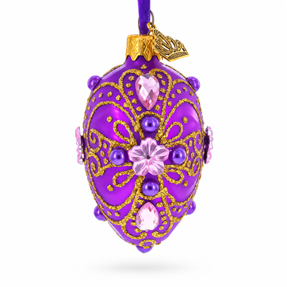 Flower on Purple Mini Glass Egg Ornament 2.9 Inches