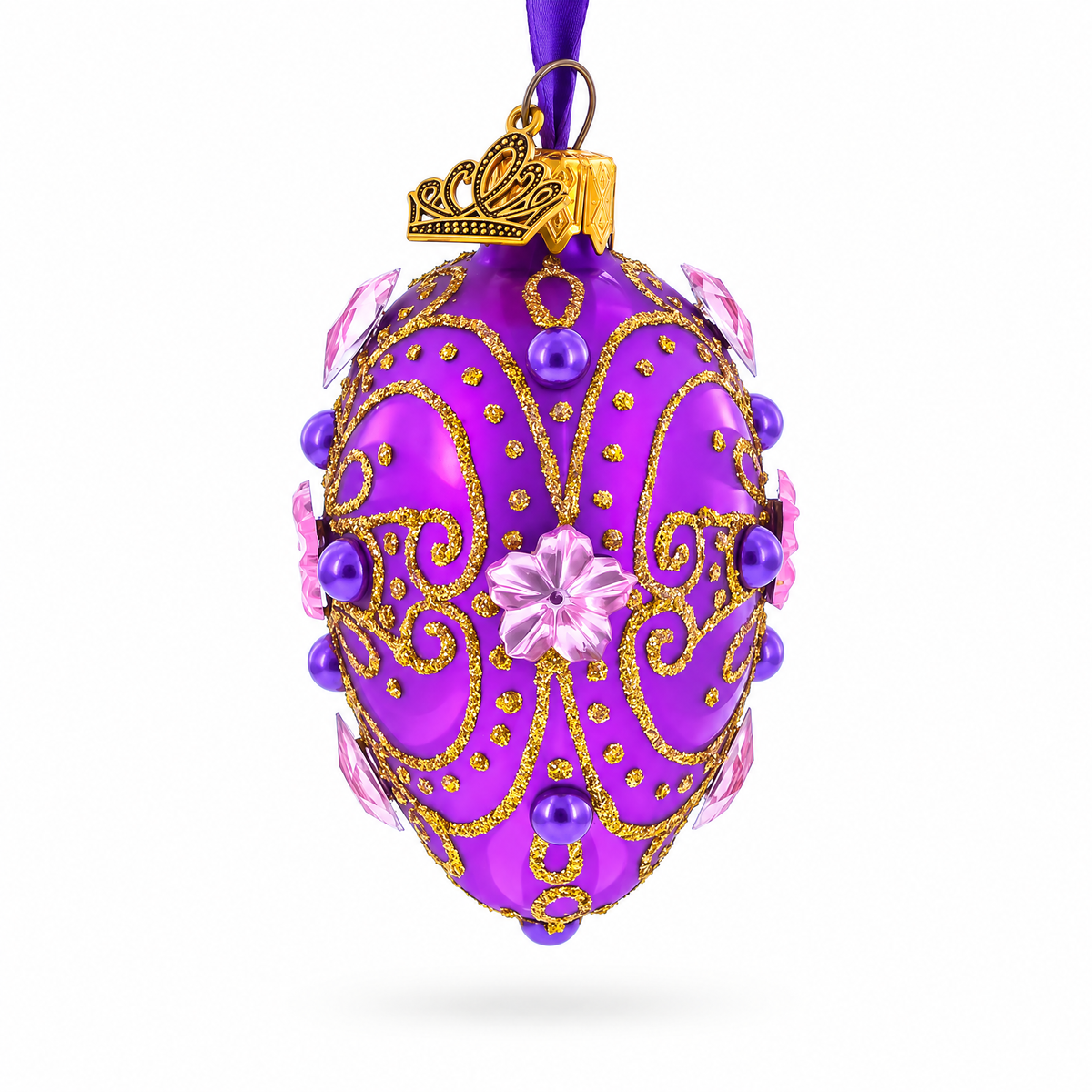 Flower on Purple Mini Glass Egg Ornament 2.9 Inches