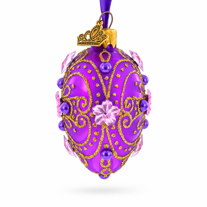 Flower on Purple Mini Glass Egg Ornament 2.9 Inches