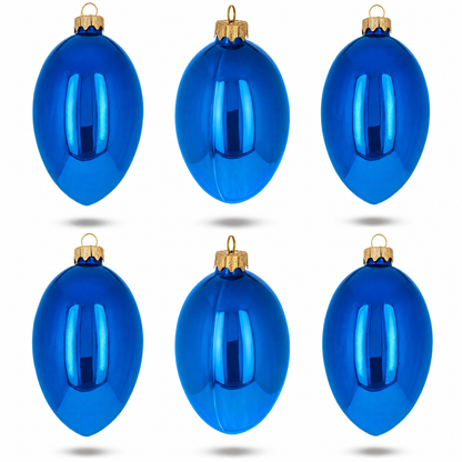 Set of 6 Blue Glossy Glass Egg Ornaments 4 Inches