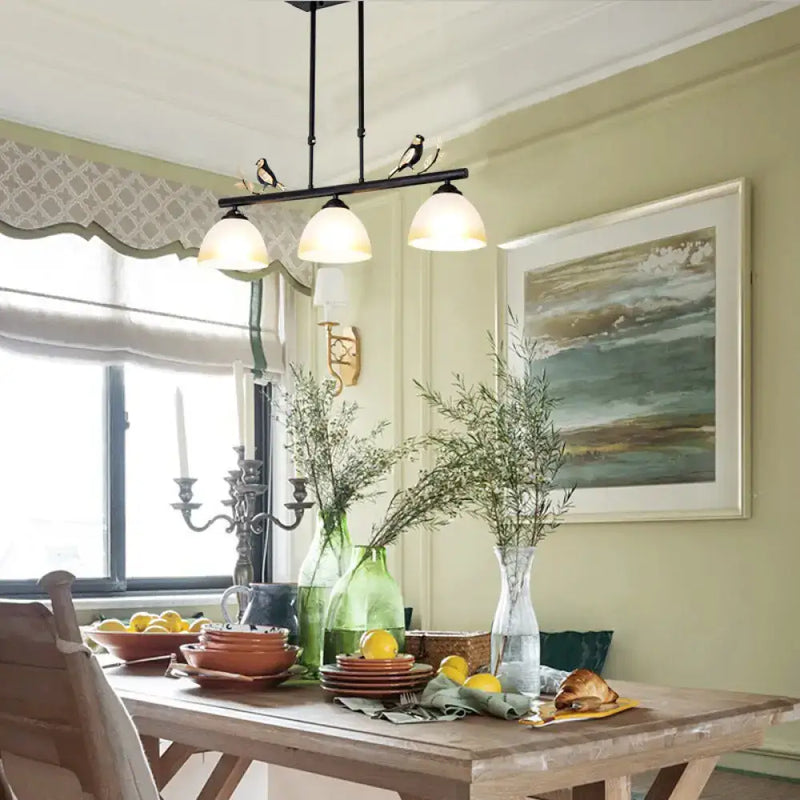 Lodge black bird dome pendant island lamp with milky glass kitchen