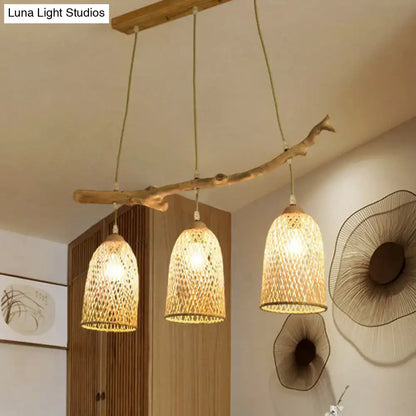 Lodge style wood pendant light with rattan shades for dining room