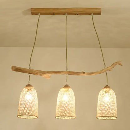 Lodge style wood pendant light with rattan shades for dining room