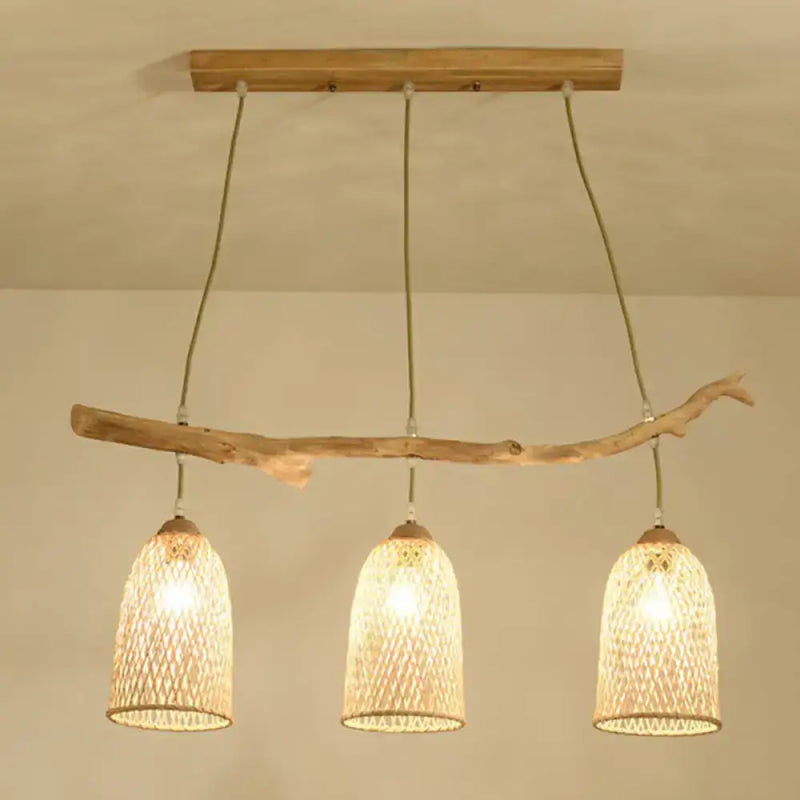 Lodge style wood pendant light with rattan shades for dining room