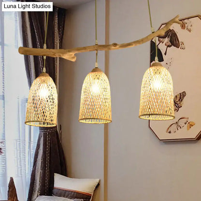 Lodge style wood pendant light with rattan shades for dining room