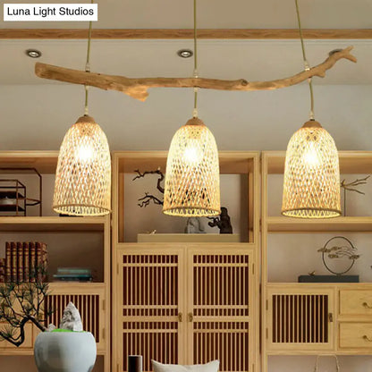 Lodge style wood pendant light with rattan shades for dining room