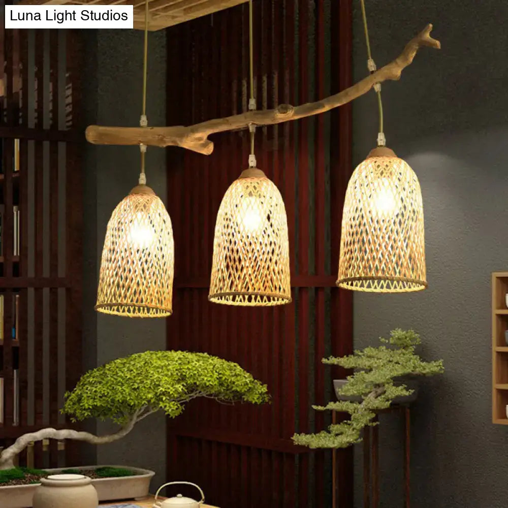 Lodge style wood pendant light with rattan shades for dining room