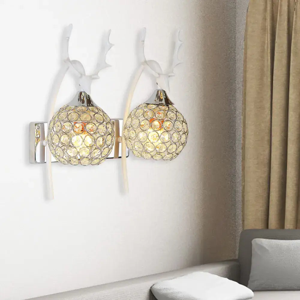 Lodge white and chrome deer wall sconce crystal dome shade bedroom
