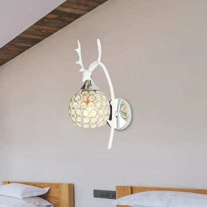 Lodge white and chrome deer wall sconce crystal dome shade bedroom