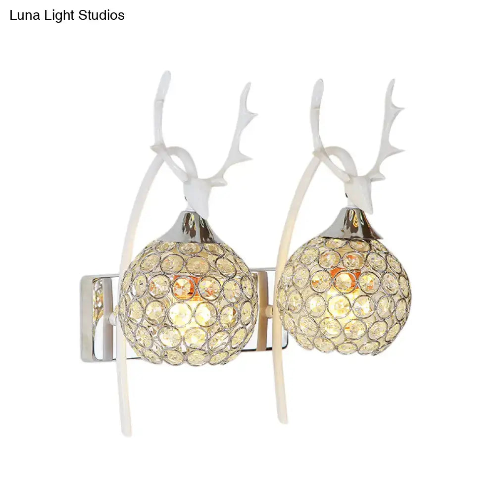 Lodge white and chrome deer wall sconce crystal dome shade bedroom