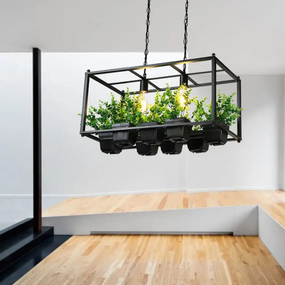 Loft black cage pendant light with planter – dining room fixture width