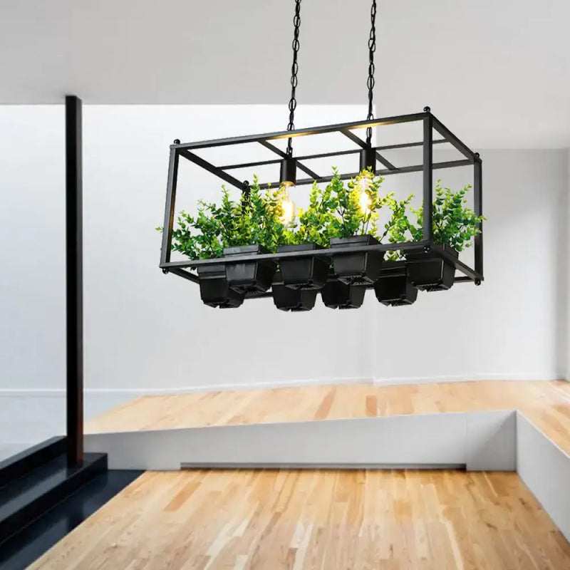 Loft black cage pendant light with planter – dining room fixture width