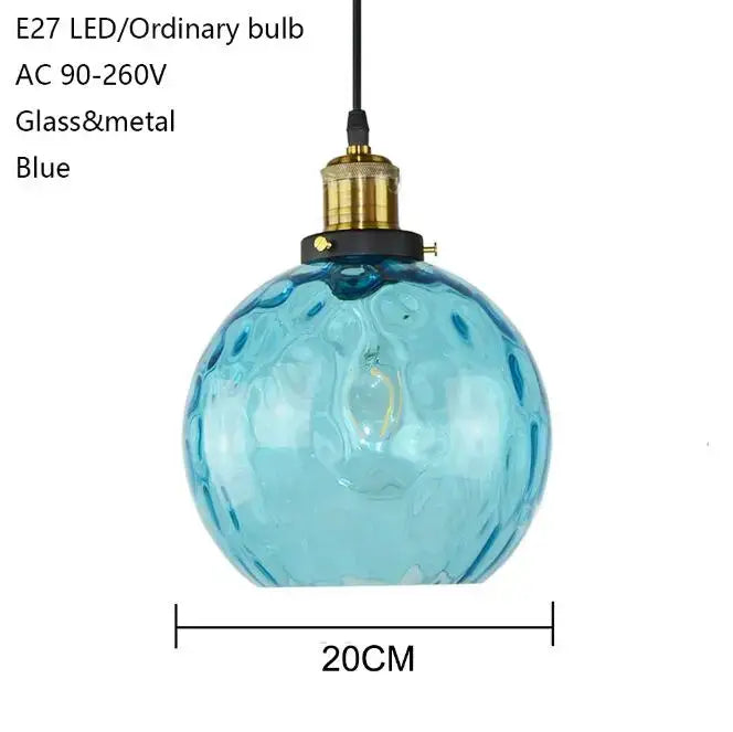 Loft blue glass pendant light – kitchen textured brass lamp