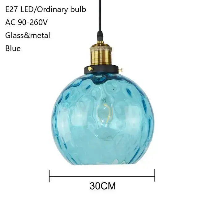 Loft blue glass pendant light – kitchen textured brass lamp