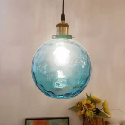 Loft blue glass pendant light – kitchen textured brass lamp