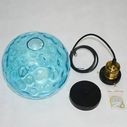 Loft blue glass pendant light – kitchen textured brass lamp