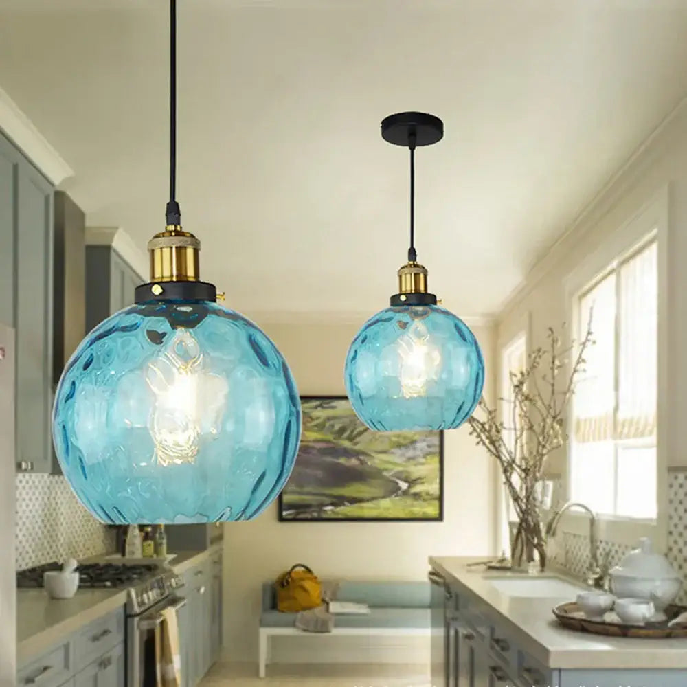 Loft blue glass pendant light – kitchen textured brass lamp
