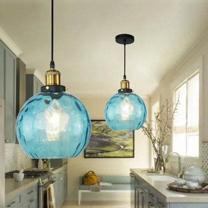Loft blue glass pendant light – kitchen textured brass lamp