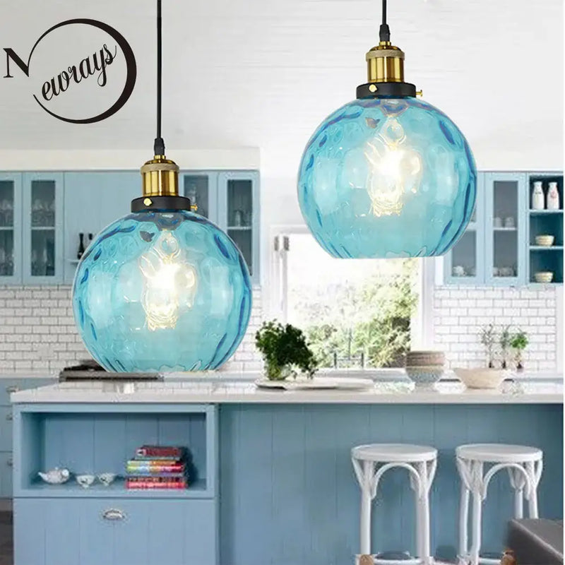 Loft blue glass pendant light – kitchen textured brass lamp