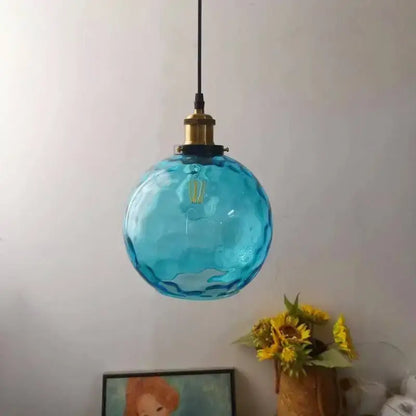 Loft blue glass pendant light – kitchen textured brass lamp