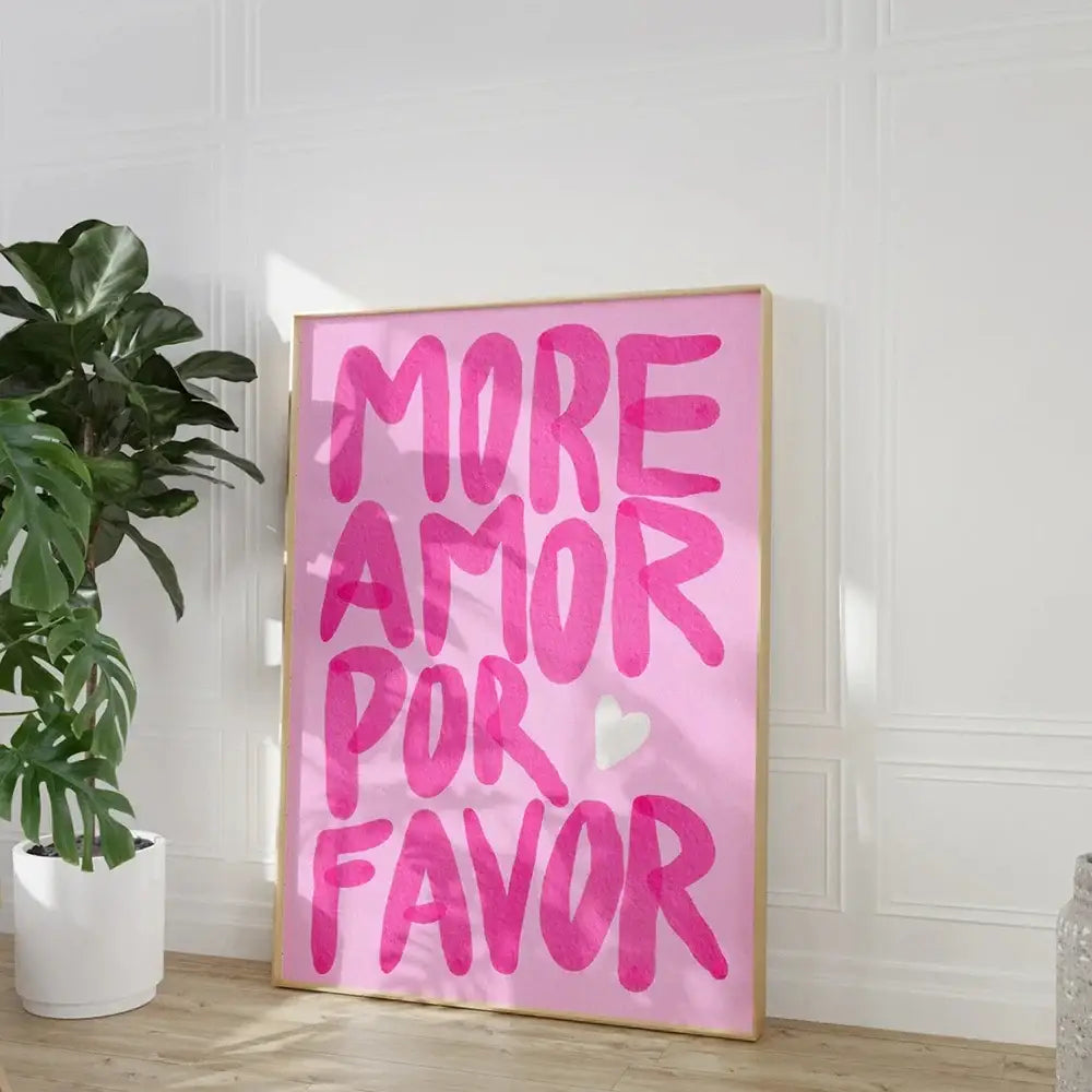 Modern pink and orange more amor por favor love quote wall art bedroom