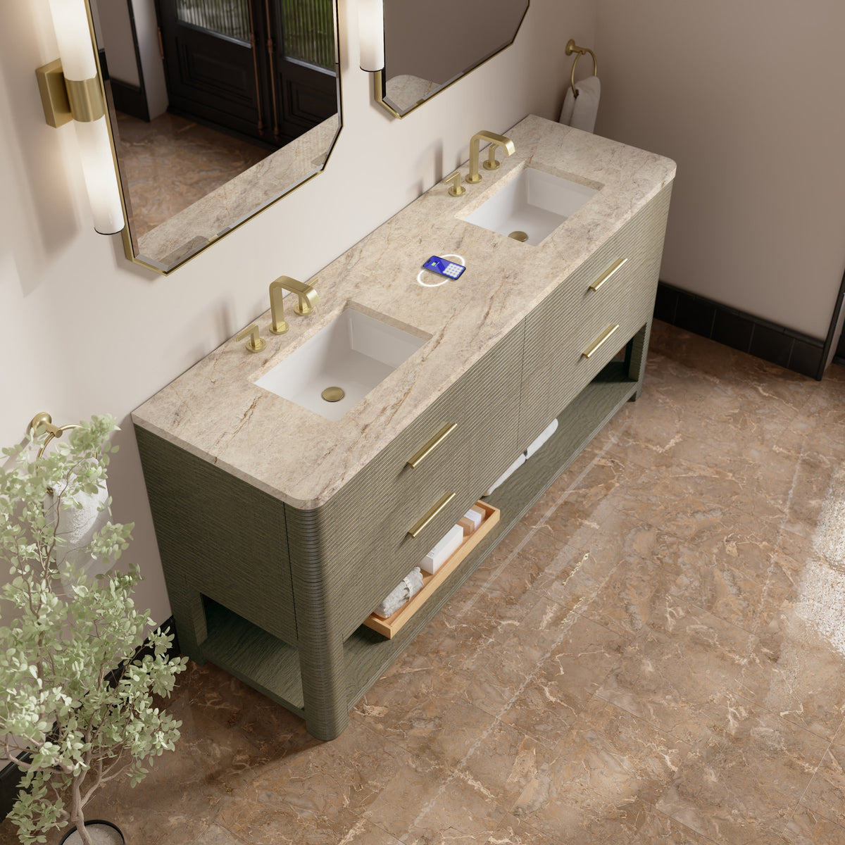 James Martin Lucian 72" Double Bathroom Vanity, Pebble Oak
