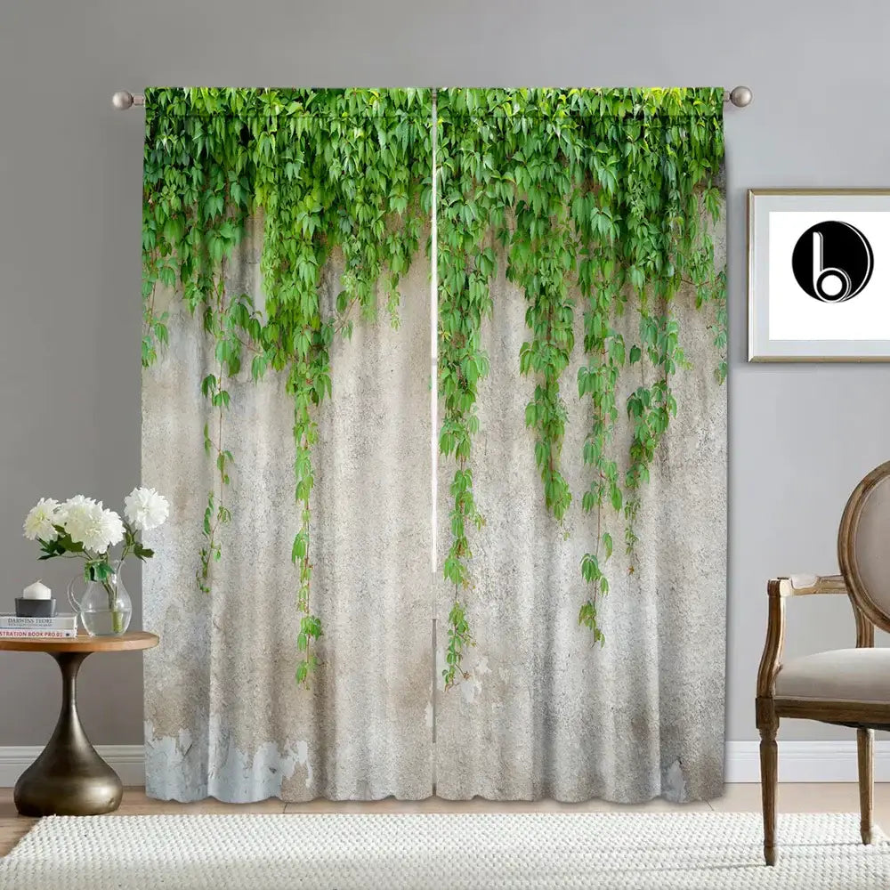 Lush ivy green leaf plant printed curtains for living room sheer panels