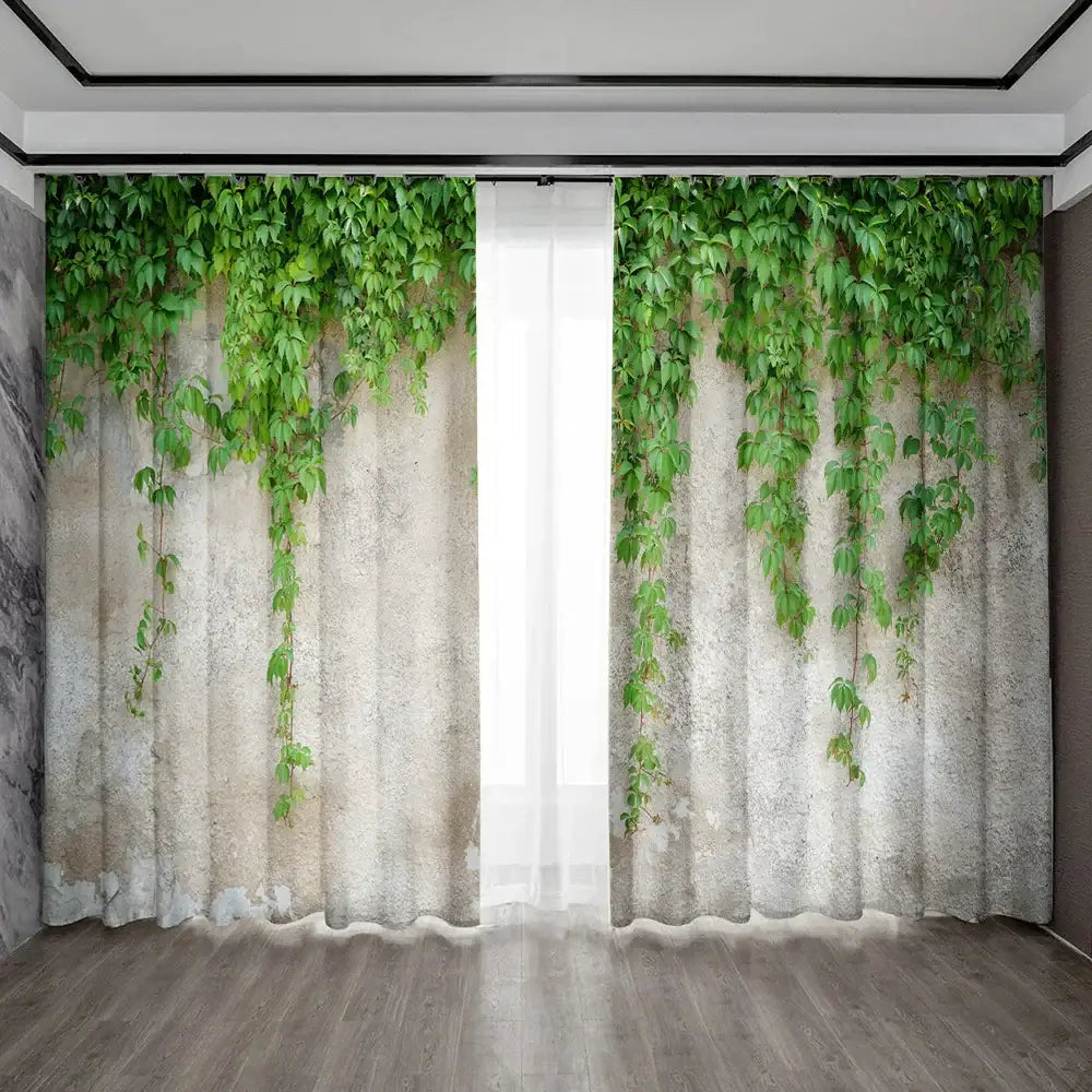 Lush ivy green leaf plant printed curtains for living room sheer panels