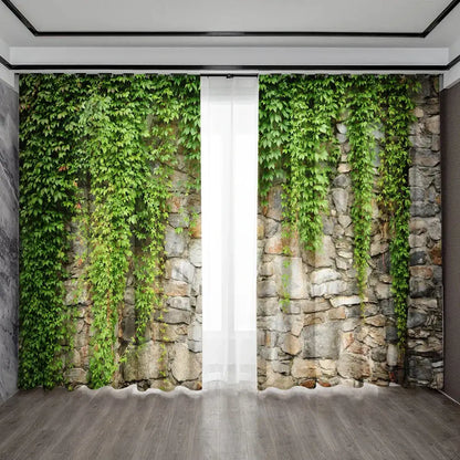 Lush ivy green leaf plant printed curtains for living room sheer panels