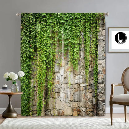 Lush ivy green leaf plant printed curtains for living room sheer panels