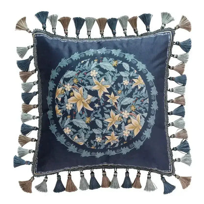 Luxe blue & gold camellia floral velvet cushion cover living room