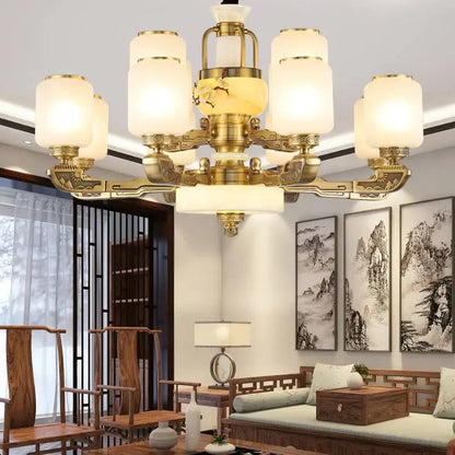 Luxe gold and frosted glass jade chandelier living room light