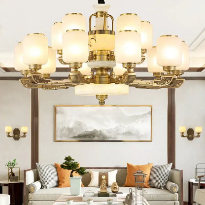 Luxe gold and frosted glass jade chandelier living room light
